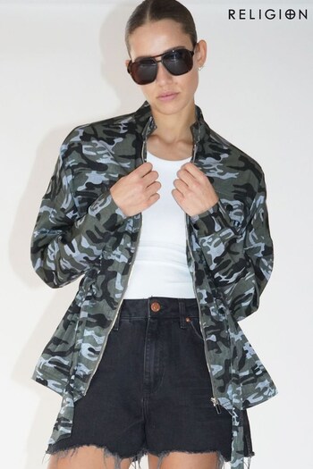 Religion Multi Utility Style Jacket With Patch Pockets and Belt in Camo (N73396) | £95