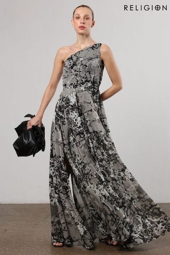 Religion Grey One Shoulder Maxi Dress With Full Floaty Skirt (N73398) | £105