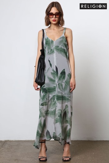 Religion Green Maxi Slip Dress With Adjustable Straps in Botanic Print (N73399) | £98