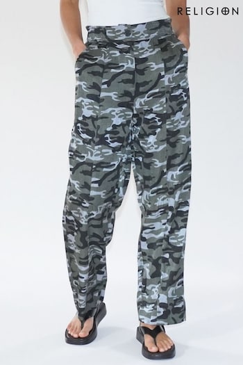 Religion Grey/Green Wide Lege Cargo Trousers in Soft Cotton (N73406) | £70