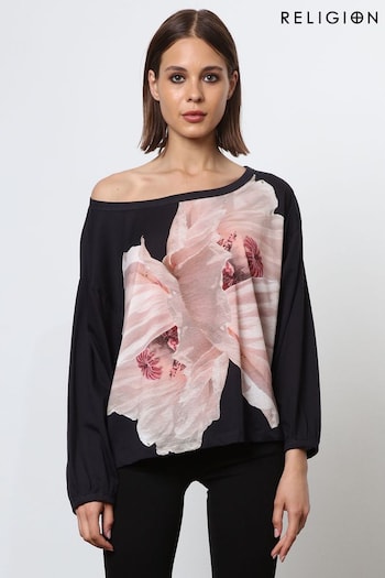 Religion Pink Off the Shoulder Batwing T-Shirt With Placement Print (N73412) | £58