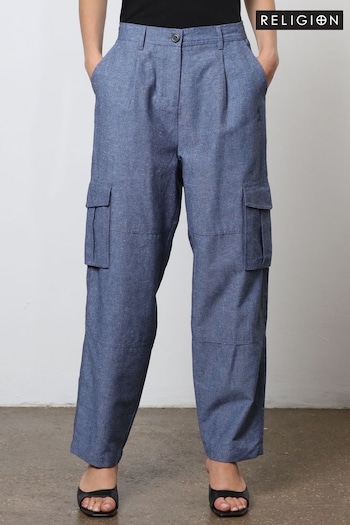 Religion Blue Linen Mix Cargo Utility Trousers (N73428) | £78