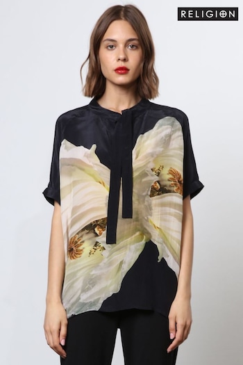 Religion Yellow Floral Print Oversized Blouse With Neck Tie (N73430) | £65