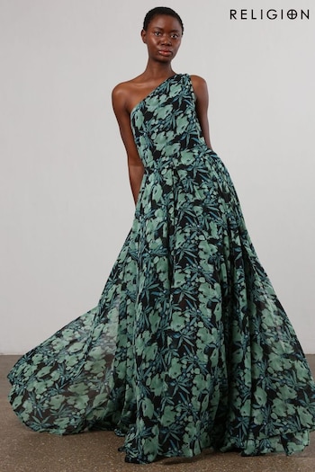 Religion Green One Shoulder Maxi Dress With Full Floaty Skirt (N73433) | £105