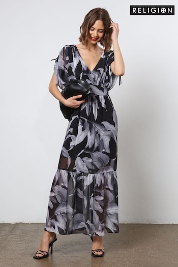 Religion Black Maxi Dress With Tiered Skirt in Beautiful Prints (N73436) | £115