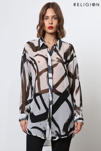 Religion White Oversized Sheer Shirt in Abstract Print (N73445) | £60