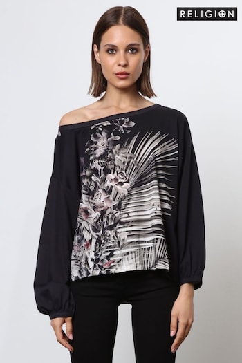 Religion Black Off the Shoulder Batwing T-Shirt With Placement Print (N73448) | £58