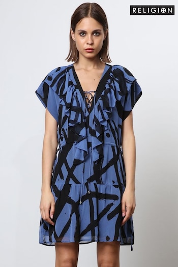 Religion Blue Spark Mini Dress With Tiered Skirt in Abstract Print (N73456) | £76