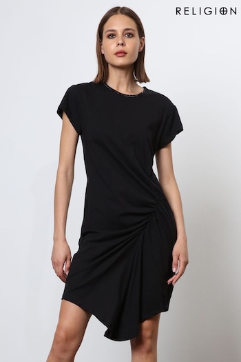 Religion Black Fitted Alchemy Dress With Beaded Neckline and Drape Detail (N73461) | £58