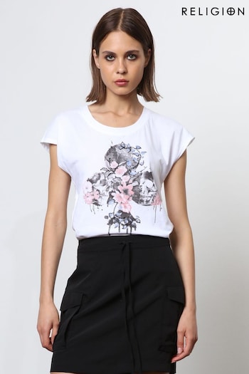 Religion White Cute Fitted Club T-Shirt with Floral Design (N73462) | £36