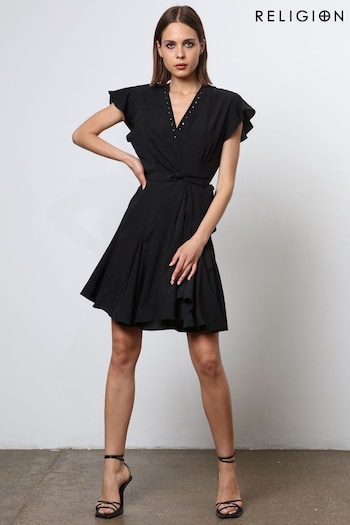 Religion Black Wrap Mini Dress With Studded Neckline (N73463) | £72