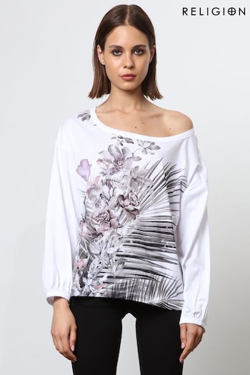 Religion White Off the Shoulder Batwing T-Shirt With Placement Print (N73465) | £58