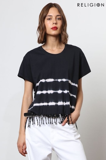 Religion Black Oversized Particle T-Shirt with Tie Dye Stripe and Tassles (N73469) | £48