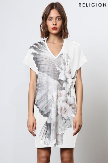 Religion White Loose Jersey Tunic Dress With Large Floral Placement Print (N73472) | £65