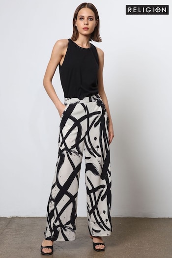 Religion Cream Wide Leg Trousers in Abstract Print With Stud Trim (N73479) | £65
