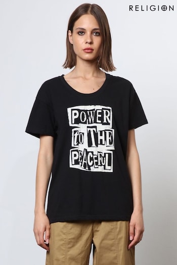 Religion Black Oversized Slogan T-Shirt with Beading (N73484) | £46