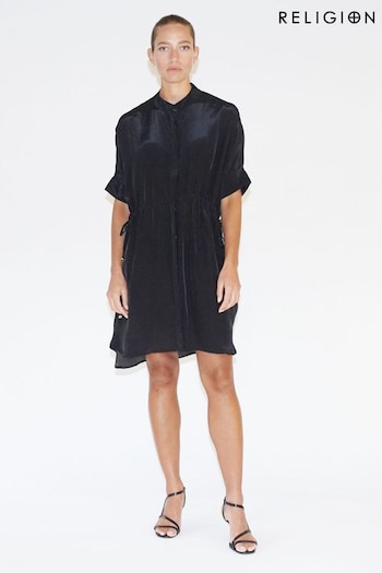Religion Black Loose Fitting Tunic Shirt looks Dress With Tie Waist (N73493) | £84