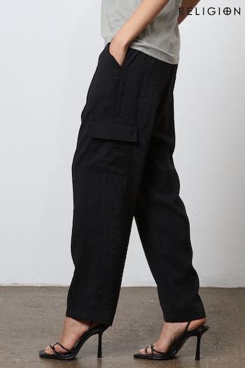 Religion Black Smart Utility Cargo Trousers With Pockets in Cupro (N73494) | £70