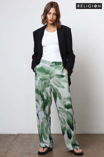 Religion Green Wide Leg Trousers in Botanic Print in Crepe (N73502) | £72