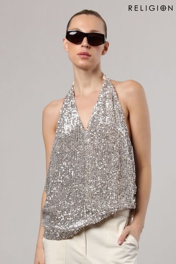 Religion Silver Metallic Sequin Backless Top With Halter Neck (N73504) | £80