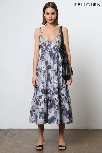 Religion Blue Floral Print Strappy Maxi Summer Dress (N73505) | £110