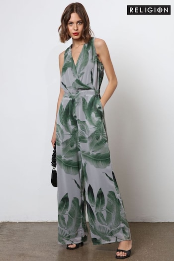 Religion Green Wide Leg Jumpsuit With Wrap Detail Top (N73512) | £108