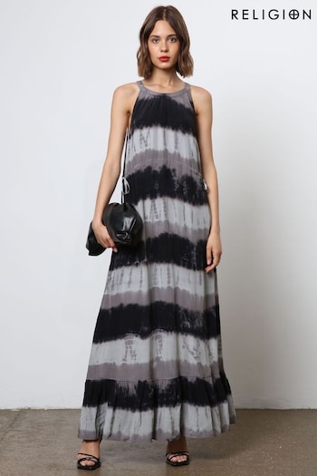 Religion Black Tie Dye Halter Neck Maxi Dress (N73521) | £130