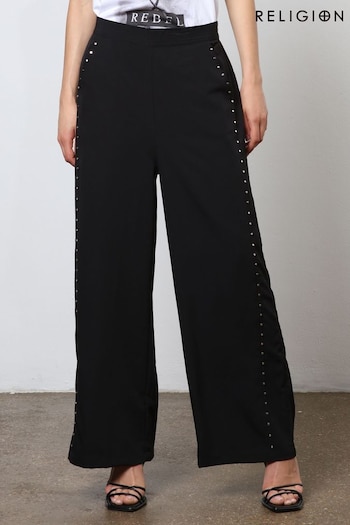 Religion Black Wide Leg Trousers With Stud Trim (N73524) | £65