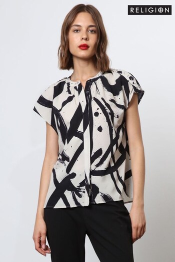 Religion Cream Cap Sleeve Shirt In Abstract Print With Studs (N73532) | £48