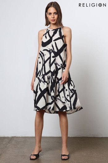 Religion Cream Tiered a Line Midi Dress in Abstract Print (N73626) | £72