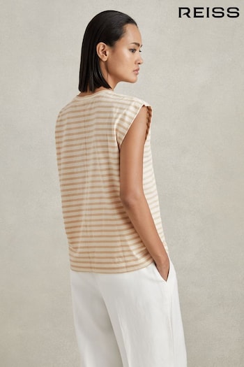 Reiss Neutral/White Morgan Cotton Striped Capped Sleeve T-Shirt (N74016) | £30