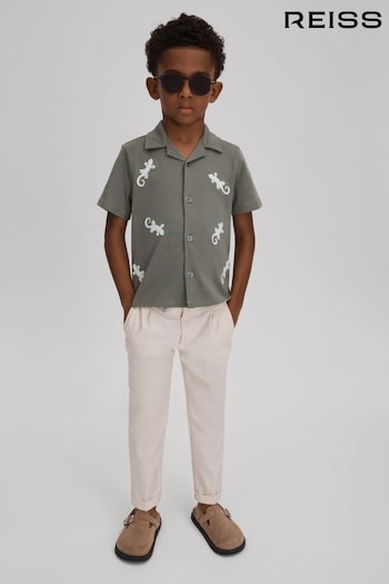Reiss Sage/White Thar Cotton Reptile Patch Cuban Collar Shirt (N74025) | £36