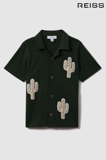 Reiss Dark Green Stan Cotton Cactus Patch Cuban Collar Shirt (N74069) | £40