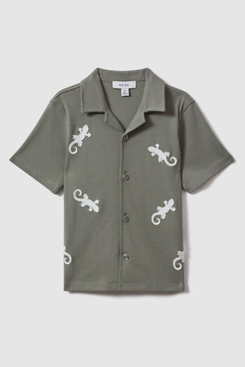 Reiss Sage/White Thar Cotton Reptile Patch Cuban Collar Shirt (N74112) | £40