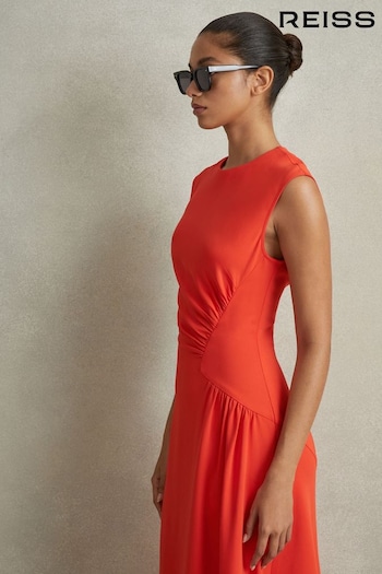 Reiss Orange Stacey Petite Ruched Midi Dress (N74199) | £228