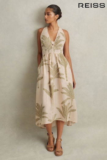 Reiss Neutral/Green Anna Linen Tropical Print Midi tkaniny Dress (N74210) | £158