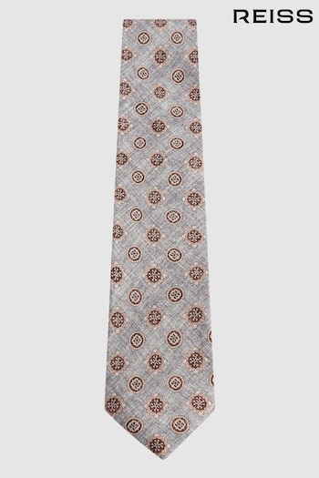 Reiss Grey Melange Vasari Silk Medallion Print Tie (N74216) | £68