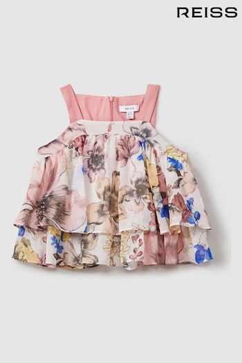 Reiss Pink Arina Tiered Floral Print Top Co-Ord (N74217) | £50