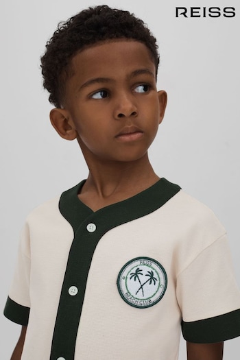 Reiss Ecru/Green Ark Senior Textured Cotton Baseball Shirt (N74223) | £42