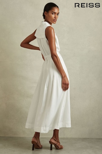 Reiss White Heidi Petite Viscose Linen Belted Midi Dress (N74238) | £178