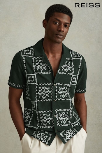 Reiss Green/Ecru Cosmos Textured Embroidered Cuban Collar Shirt (N74256) | £118