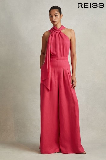 Reiss Coral Selena Petite Linen Blend Drape Jumpsuit (N74273) | £268