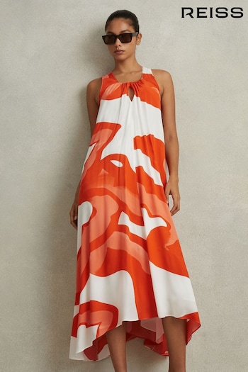 Reiss Orange/White Avia Printed Dipped Hem Midi Dress Cargo (N74307) | £248