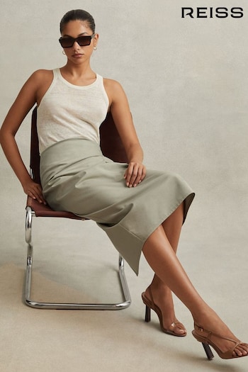 Reiss Khaki Nadia Cotton Blend Wrap Front Midi Skirt (N74315) | £138