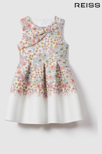 Reiss Pink Print Emmie Junior Floral Scuba Bow Fit-and-Flare Dress (N74320) | £55