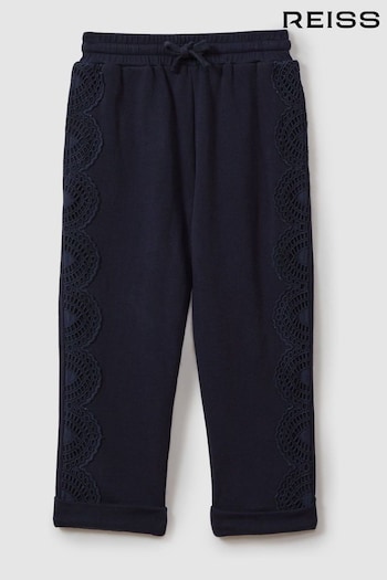 Reiss Navy Sophie Cotton Broderie Drawstring Co-Ord Trousers (N74325) | £48