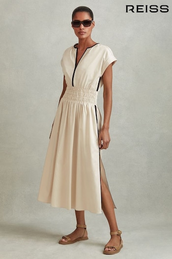 Reiss Neutral/Black Lena Petite Cotton Ruched Waist Midi Dress (N74336) | £148