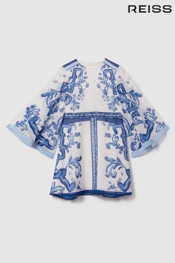 Reiss Blue Print Andra Teen Tile Print Flare Sleeve Dress (N74359) | £85