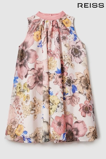Reiss Pink Kady Floral Print Halter Neck Dress (N74368) | £85