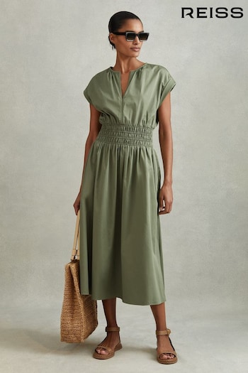Reiss Green Lena Petite Cotton Ruched Waist Midi Dress (N74372) | £148